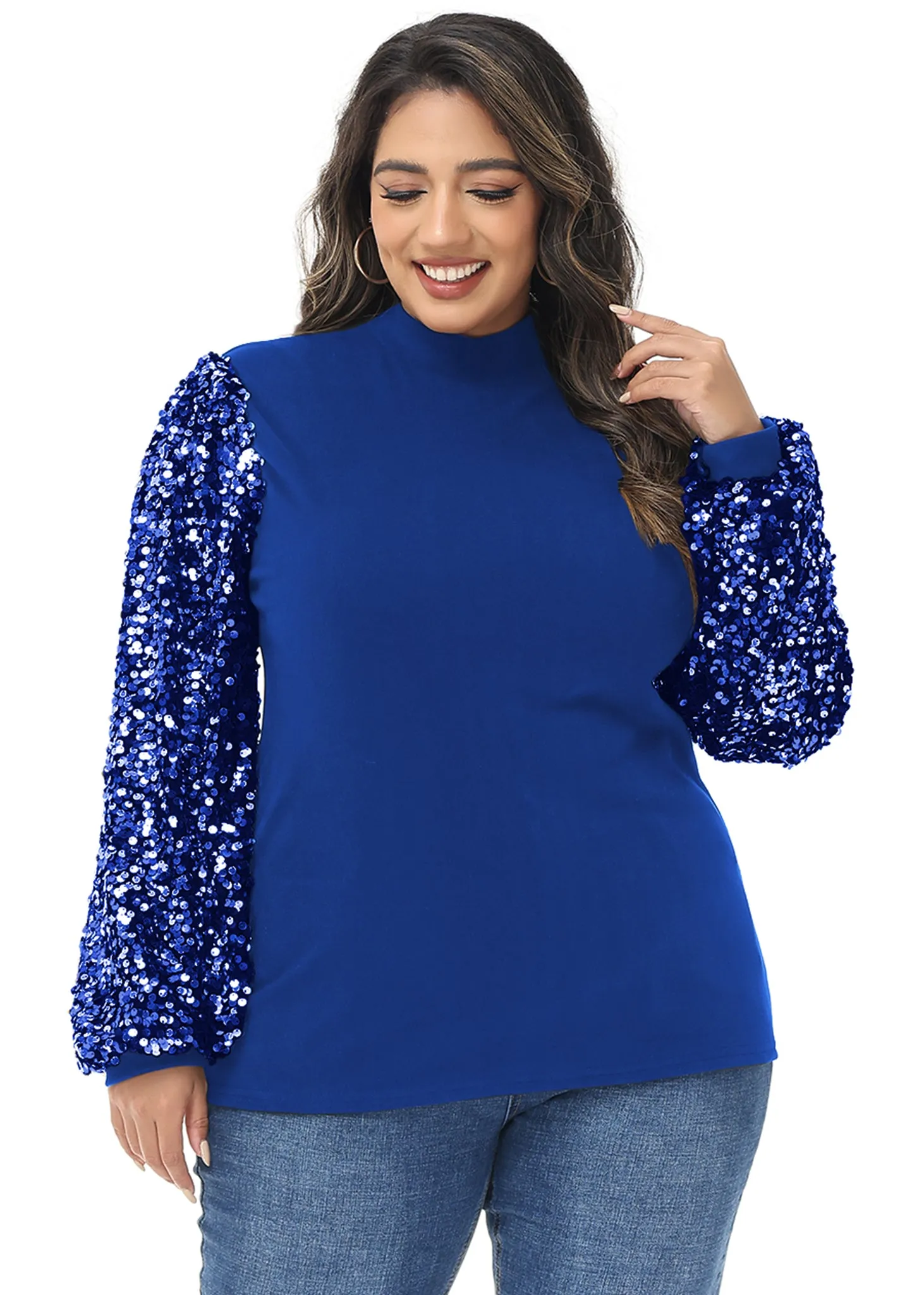 Anna-Kaci Women's Plus Size Sparkle Sequin Sweatshirt Mock Neck Pullover Long Sleeve Glitter Party Tops