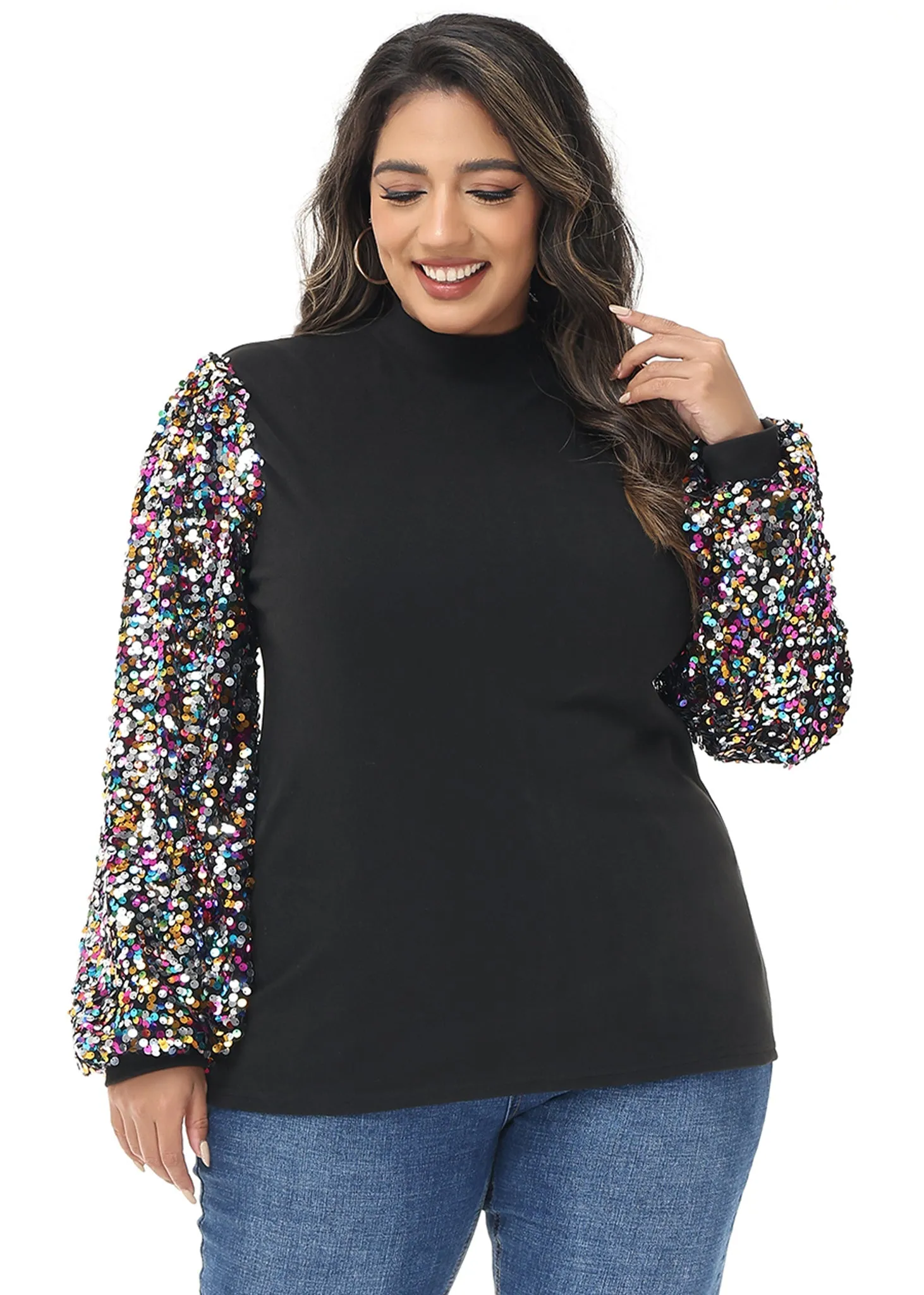 Anna-Kaci Women's Plus Size Sparkle Sequin Sweatshirt Mock Neck Pullover Long Sleeve Glitter Party Tops