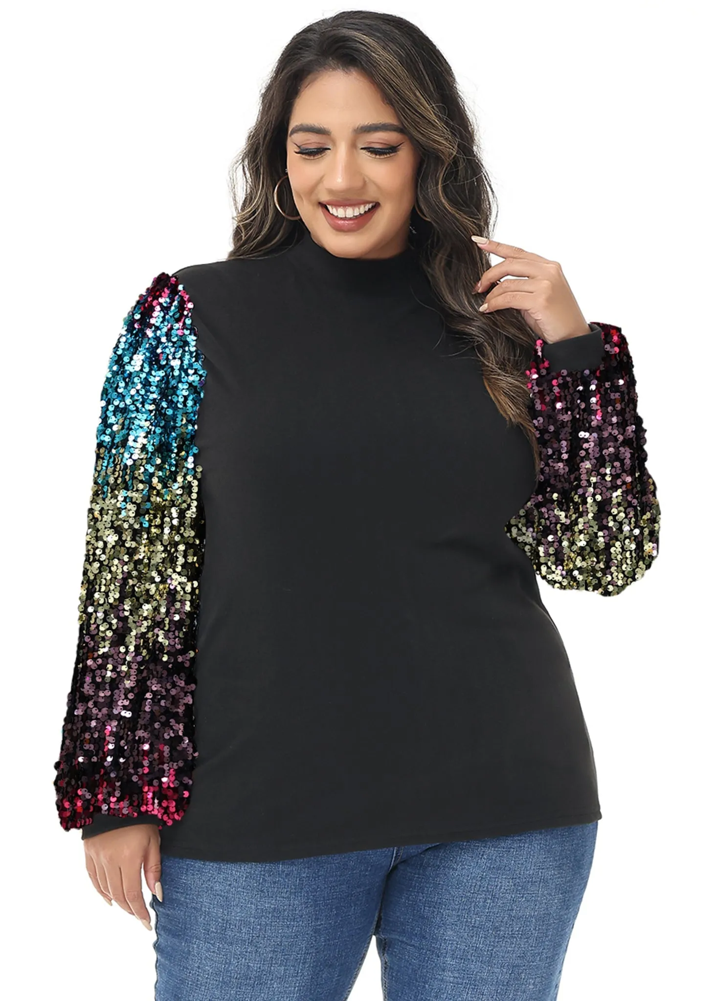 Anna-Kaci Women's Plus Size Sparkle Sequin Sweatshirt Mock Neck Pullover Long Sleeve Glitter Party Tops