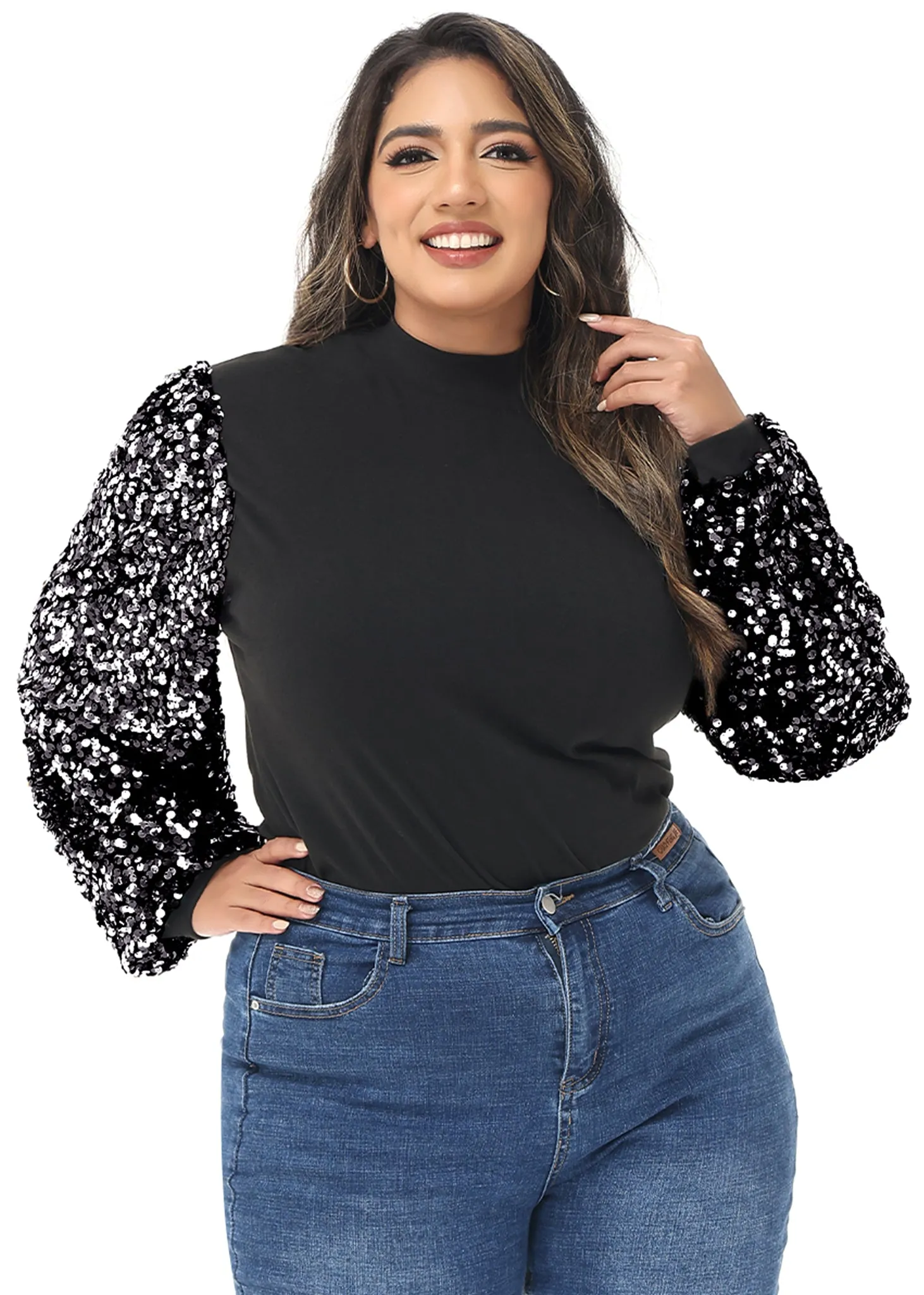 Anna-Kaci Women's Plus Size Sparkle Sequin Sweatshirt Mock Neck Pullover Long Sleeve Glitter Party Tops