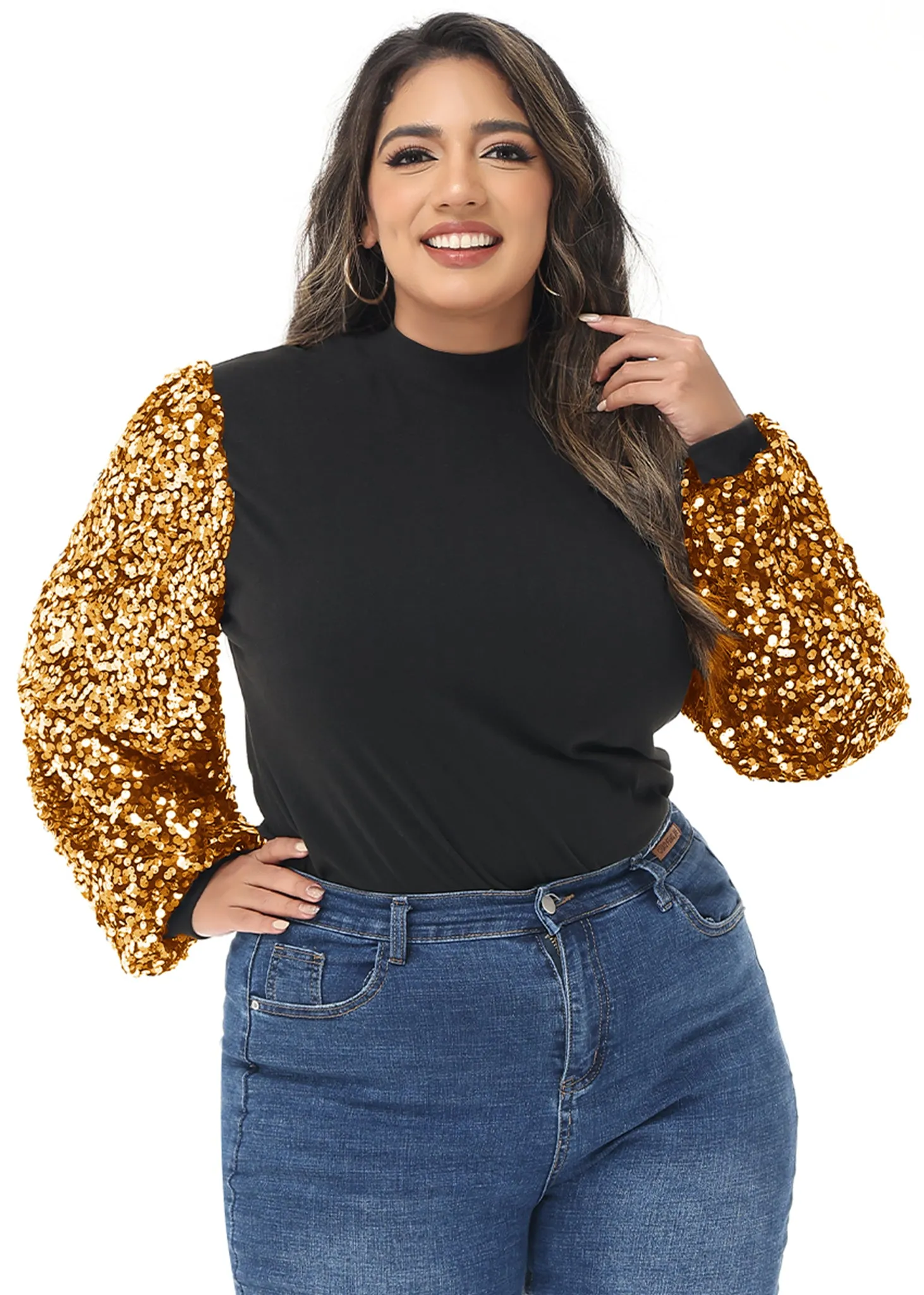 Anna-Kaci Women's Plus Size Sparkle Sequin Sweatshirt Mock Neck Pullover Long Sleeve Glitter Party Tops