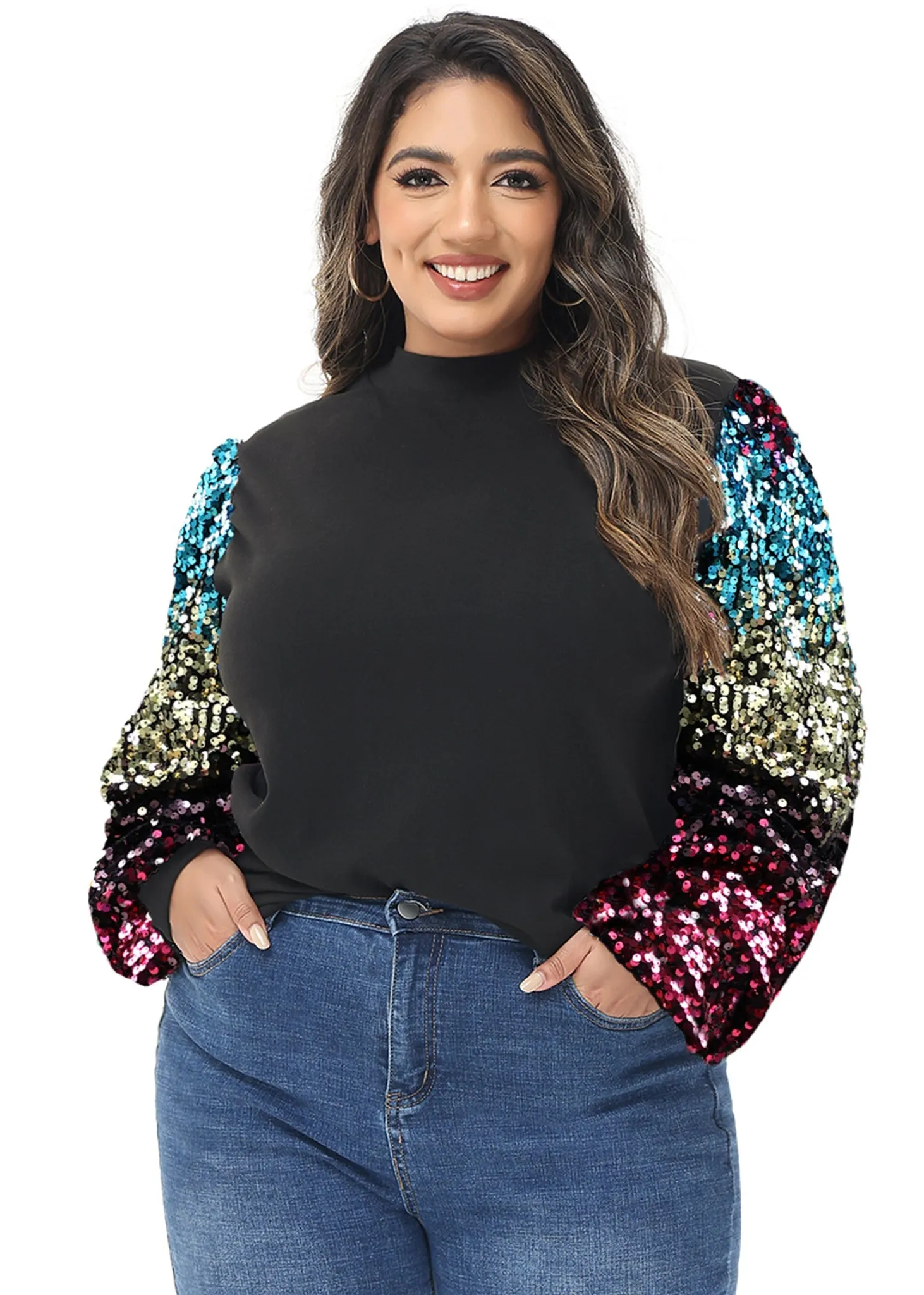 Anna-Kaci Women's Plus Size Sparkle Sequin Sweatshirt Mock Neck Pullover Long Sleeve Glitter Party Tops