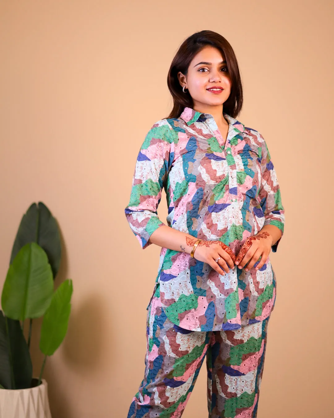 Artistic Multicolor Cotton Schiffli Co-ord Set