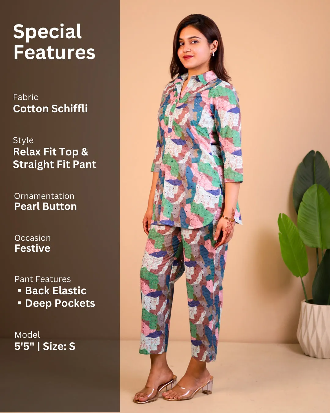 Artistic Multicolor Cotton Schiffli Co-ord Set