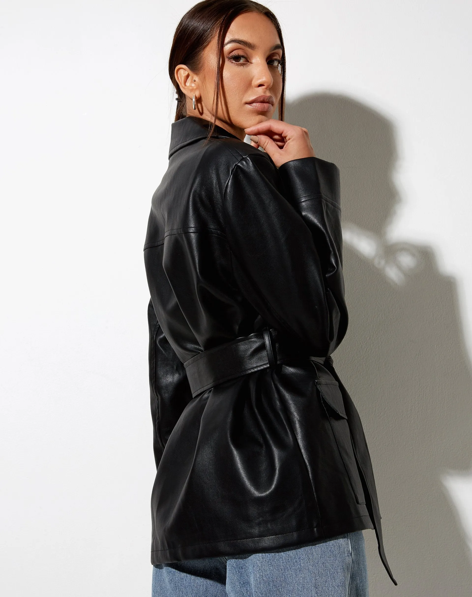 Belted Jacket in PU Black