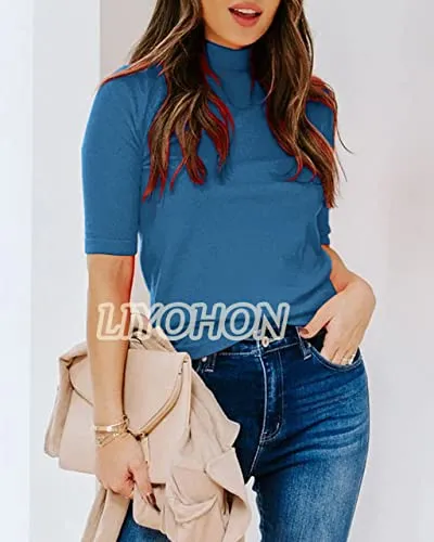 Blue Ladies Tops Dressy Casual Fall Cute Tops Mock Turtleneck Business White T Shirts - LIYOHON Womens Fall Fashion