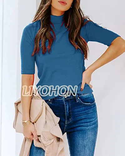 Blue Ladies Tops Dressy Casual Fall Cute Tops Mock Turtleneck Business White T Shirts - LIYOHON Womens Fall Fashion