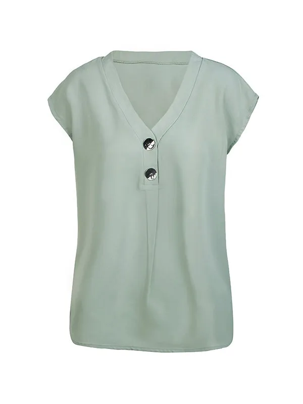 Buttoned Solid Color Cap Sleeve Loose V-Neck Blouses&Shirts Tops