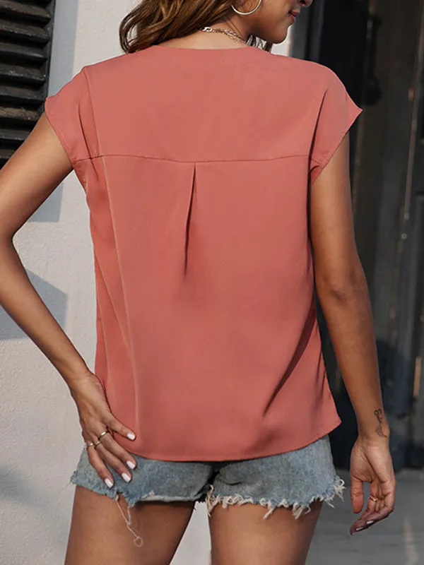 Buttoned Solid Color Cap Sleeve Loose V-Neck Blouses&Shirts Tops