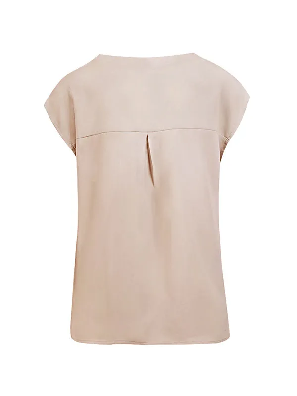 Buttoned Solid Color Cap Sleeve Loose V-Neck Blouses&Shirts Tops