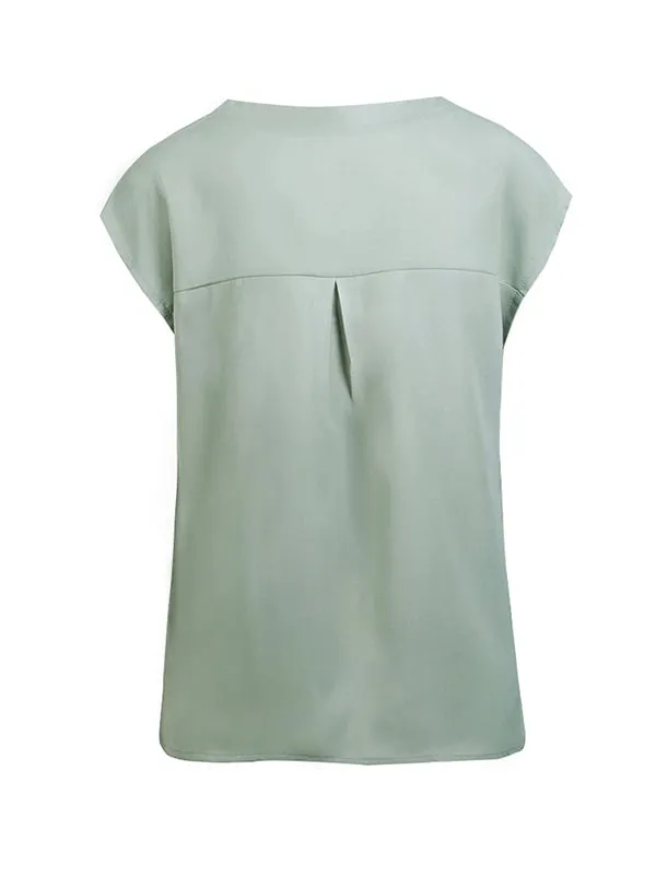 Buttoned Solid Color Cap Sleeve Loose V-Neck Blouses&Shirts Tops