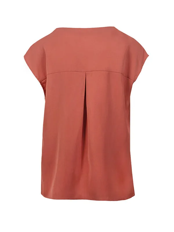 Buttoned Solid Color Cap Sleeve Loose V-Neck Blouses&Shirts Tops