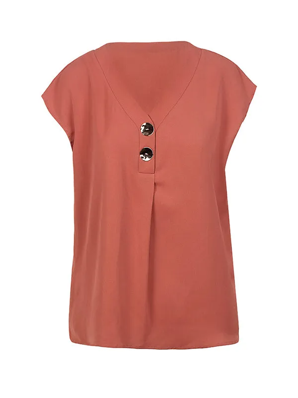 Buttoned Solid Color Cap Sleeve Loose V-Neck Blouses&Shirts Tops