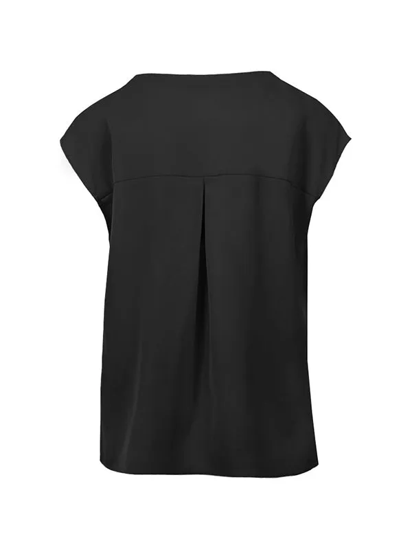 Buttoned Solid Color Cap Sleeve Loose V-Neck Blouses&Shirts Tops