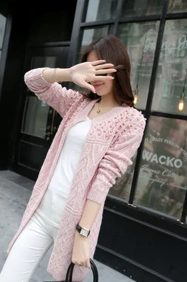 Cable Beadings Loose Candy Color Long Sleeves Long Cardigan