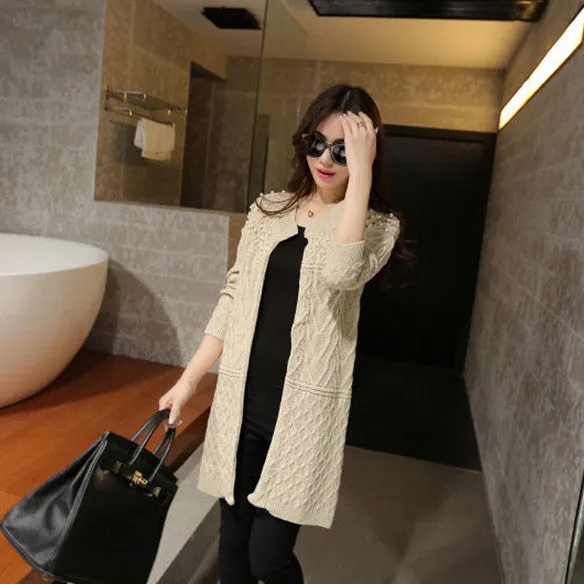 Cable Beadings Loose Candy Color Long Sleeves Long Cardigan