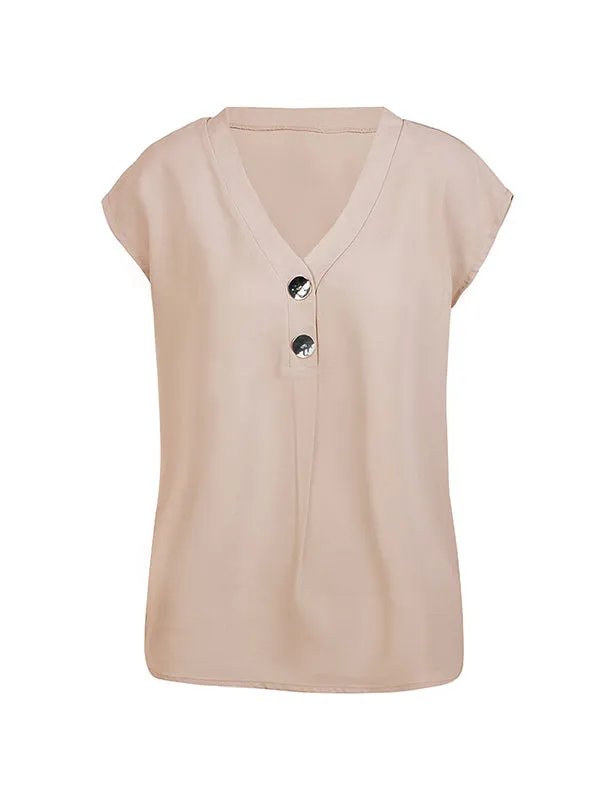 Cap Sleeve Loose Buttoned Solid Color V-Neck Blouses&Shirts Tops