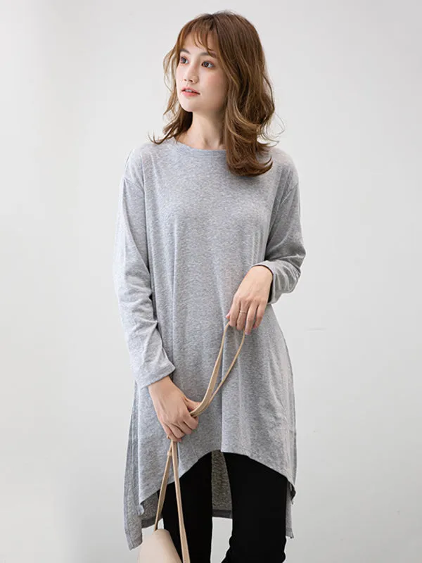 Casual High-Low Long Sleeves Solid Color Round-Neck T-Shirts Tops