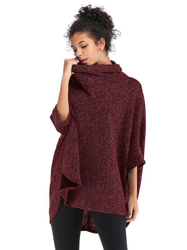 Casual Loose Half Sleeves Solid Color High-Neck Sweater Tops