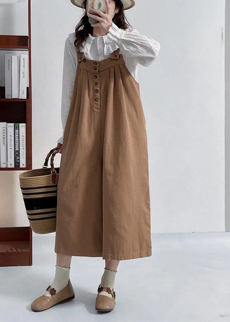 Casual Versatile Coffee Cotton Shoulder Strap Pants Summer FF026