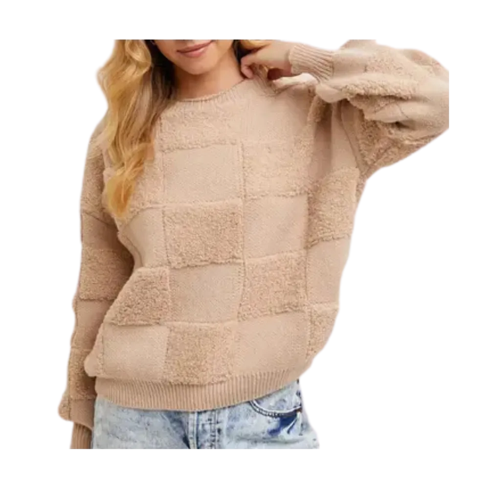 Checkered Sherpa Round Neck Knit Sweater