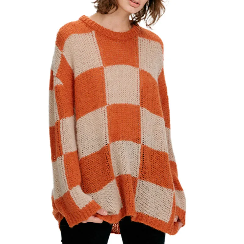 Chic Checkered Print Crew Neck Drop Shoulder Long Sleeve Orange Oversized Sweater