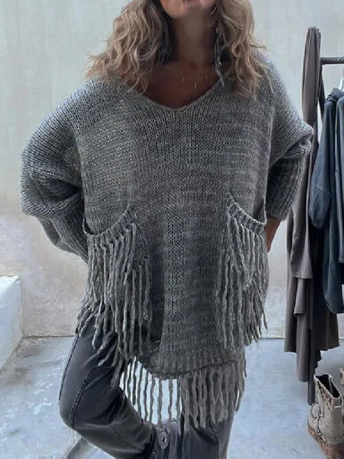 Chic Knit Fringe Detail Tassel Trim Pockets Loose Sweater