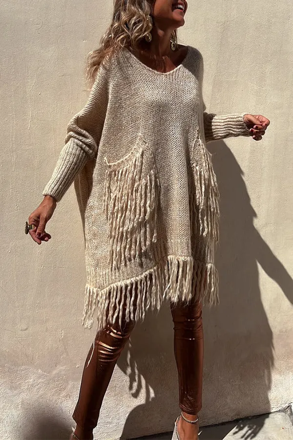 Chic Knit Fringe Detail Tassel Trim Pockets Loose Sweater