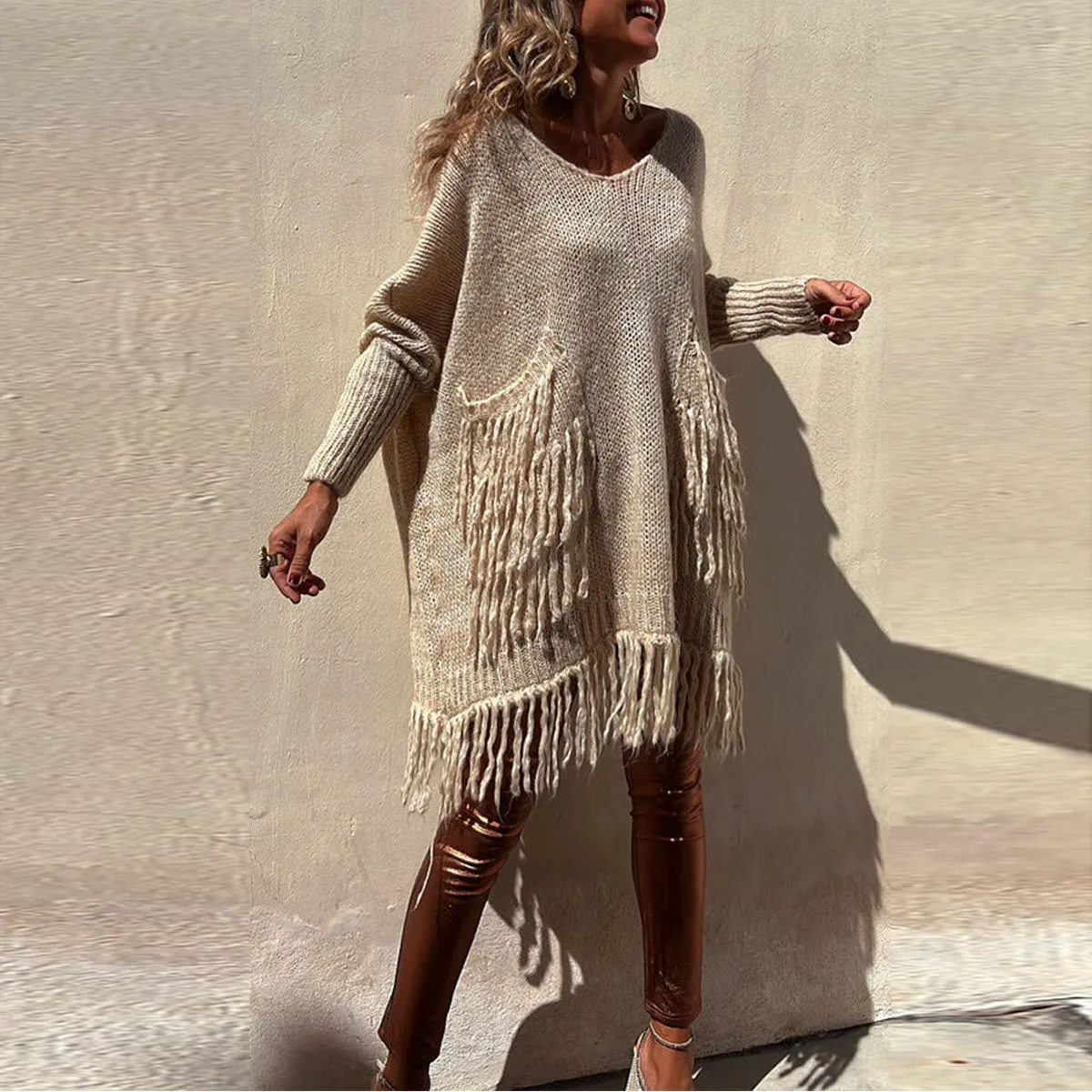 Chic Knit Fringe Detail Tassel Trim Pockets Loose Sweater