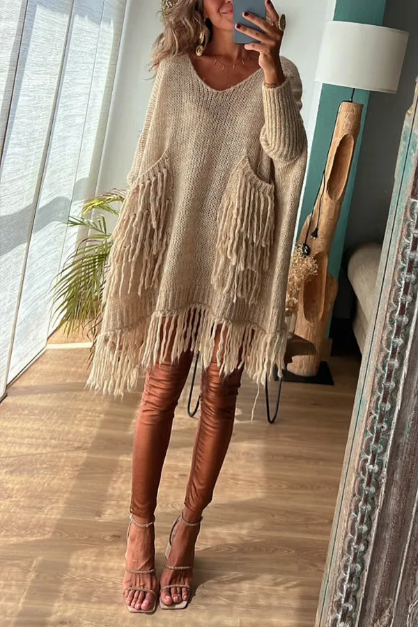 Chic Knit Fringe Detail Tassel Trim Pockets Loose Sweater