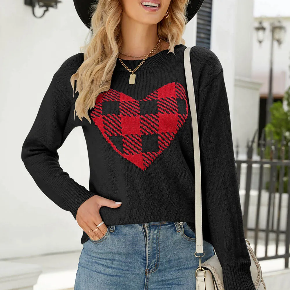 Chic Round Neck Long Sleeve Plaid Heart Jacquard Knit Sweater