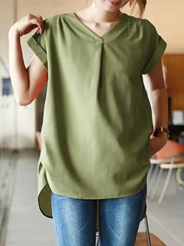 Chicmy-Back Pleated Solid Color Loose Short Sleeves Round-Neck T-Shirts Tops