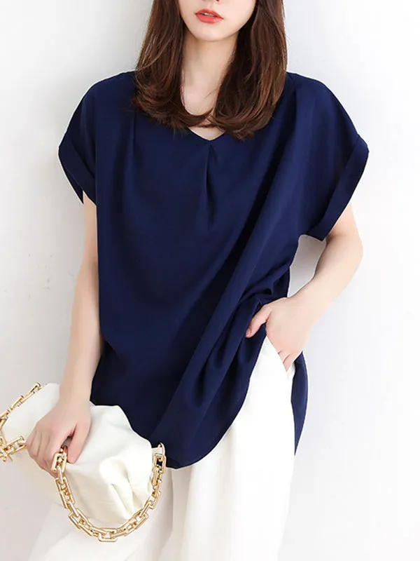 Chicmy-Back Pleated Solid Color Loose Short Sleeves Round-Neck T-Shirts Tops