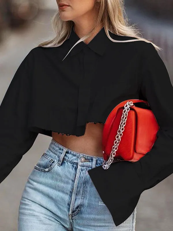 Cropped Long Sleeves Asymmetric Fringed Pockets Solid Color Blouses&shirts Tops