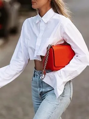 Cropped Long Sleeves Asymmetric Fringed Pockets Solid Color Blouses&shirts Tops