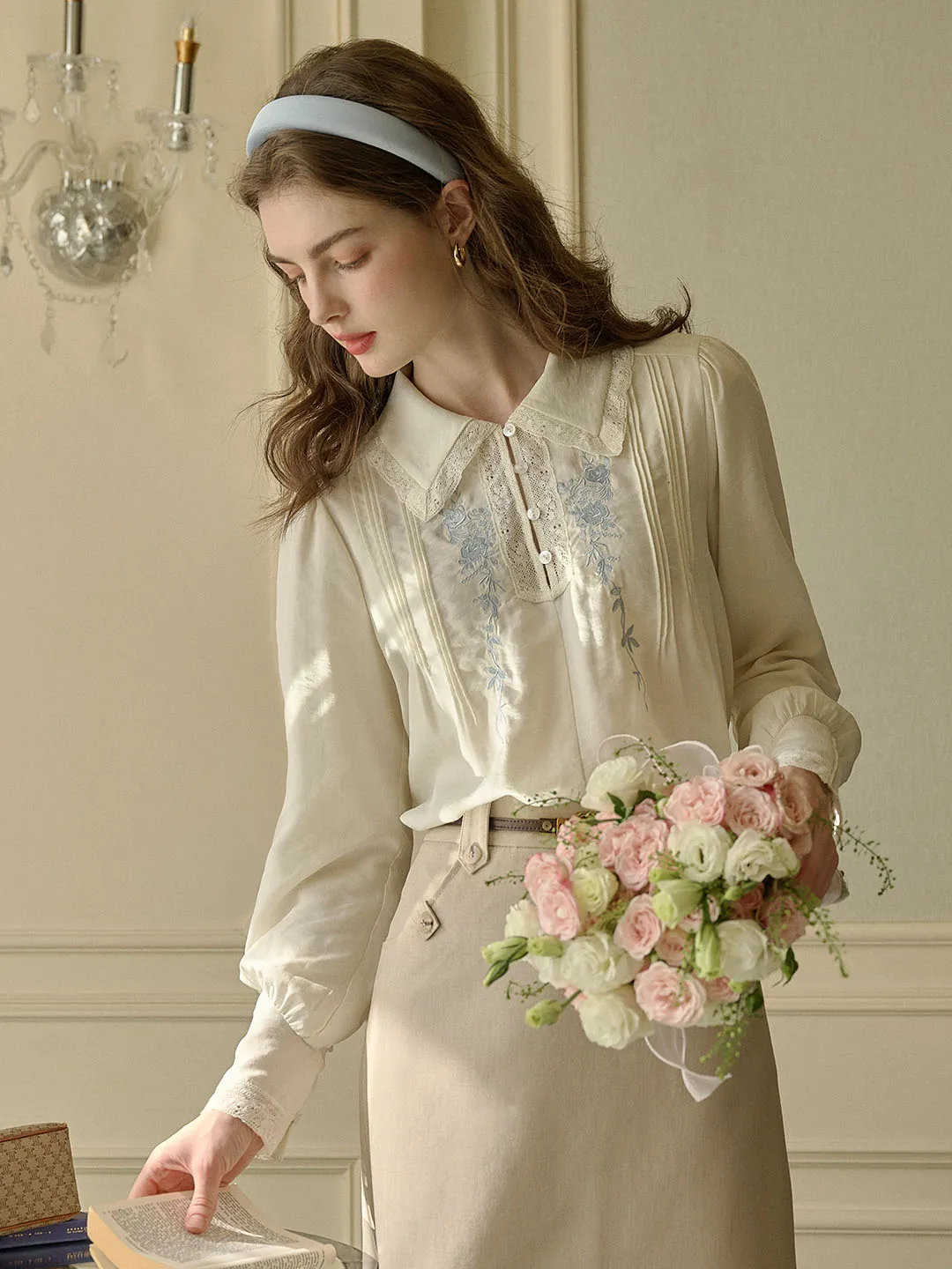 Delaney Rose Embroidered Lace Patchwork Lapel Blouse