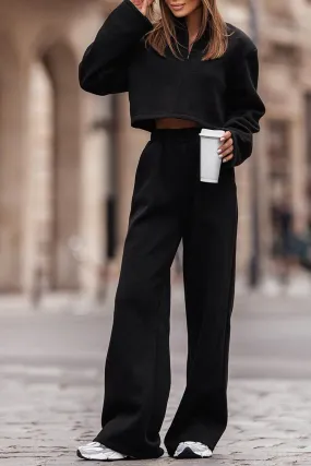 Elegant Black Crop Top with Breezy Wide-Leg Trousers Set