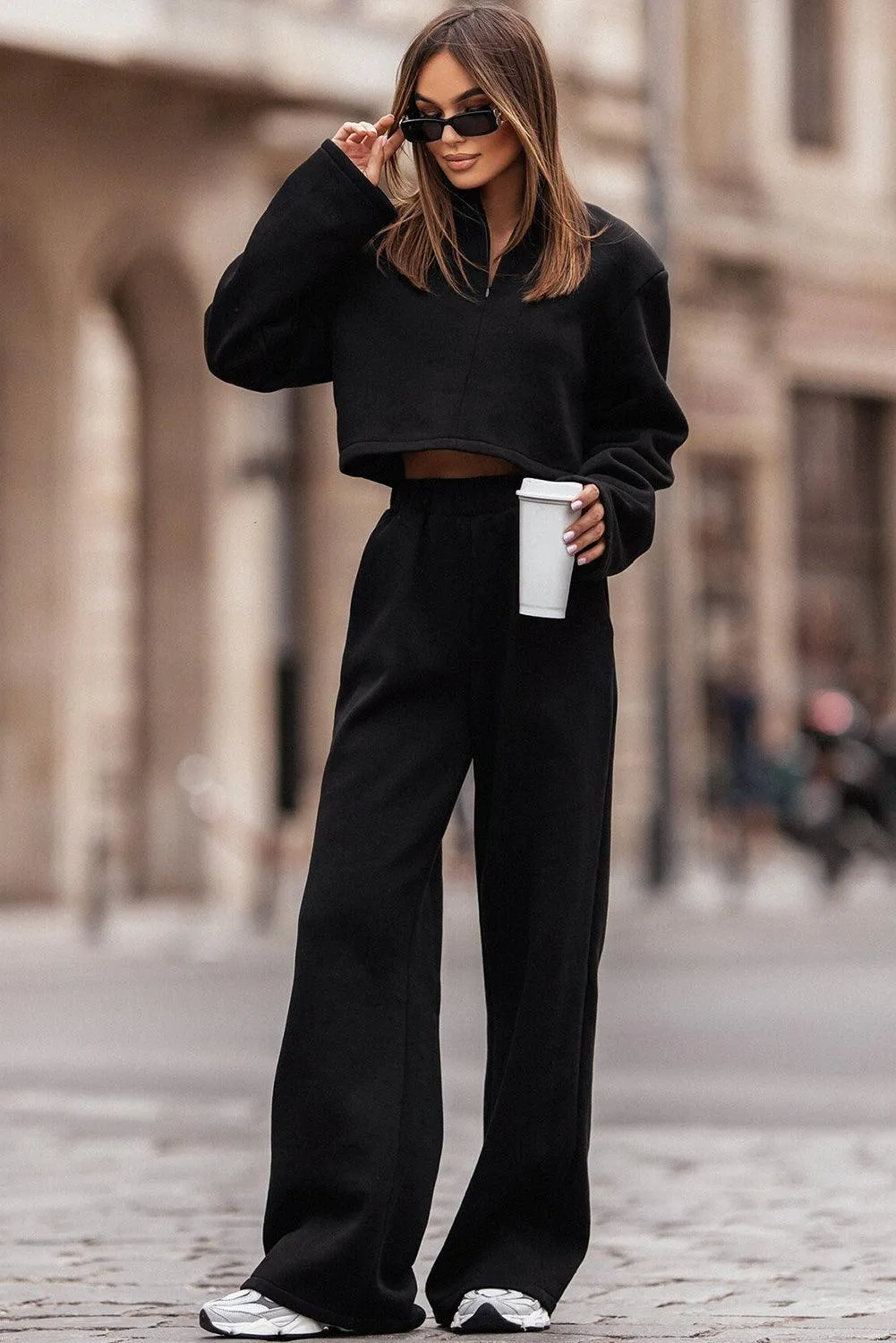 Elegant Black Crop Top with Breezy Wide-Leg Trousers Set