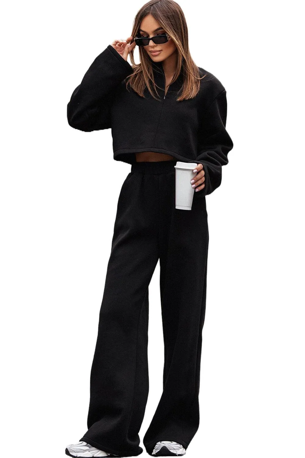 Elegant Black Crop Top with Breezy Wide-Leg Trousers Set