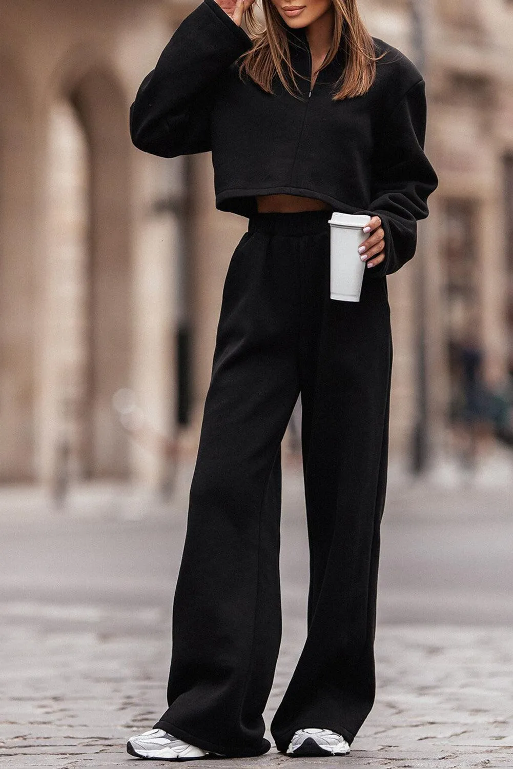 Elegant Black Crop Top with Breezy Wide-Leg Trousers Set