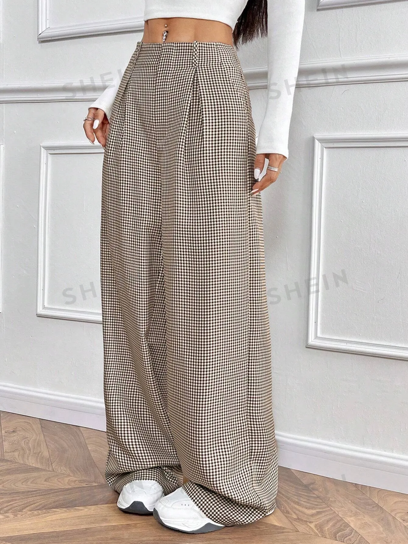 Essnce Casual Versatile H-Version Paperwaist Pocket Plaid Wide Leg Trousers