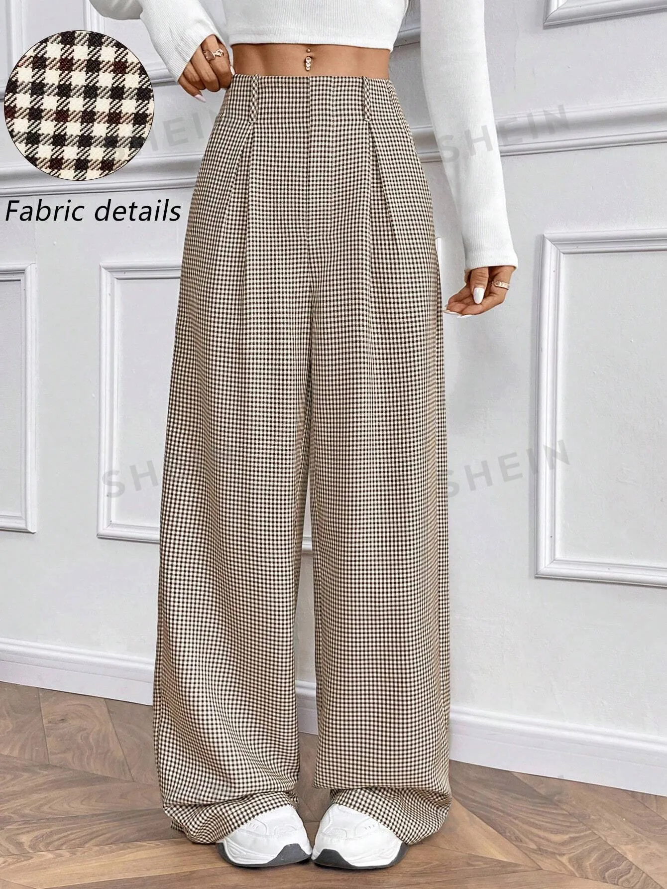 Essnce Casual Versatile H-Version Paperwaist Pocket Plaid Wide Leg Trousers