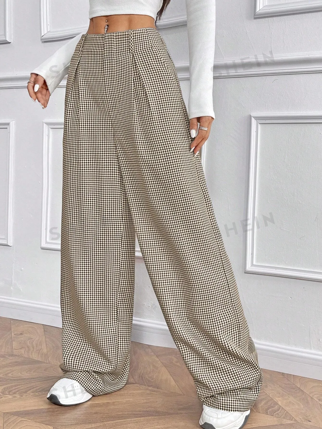 Essnce Casual Versatile H-Version Paperwaist Pocket Plaid Wide Leg Trousers