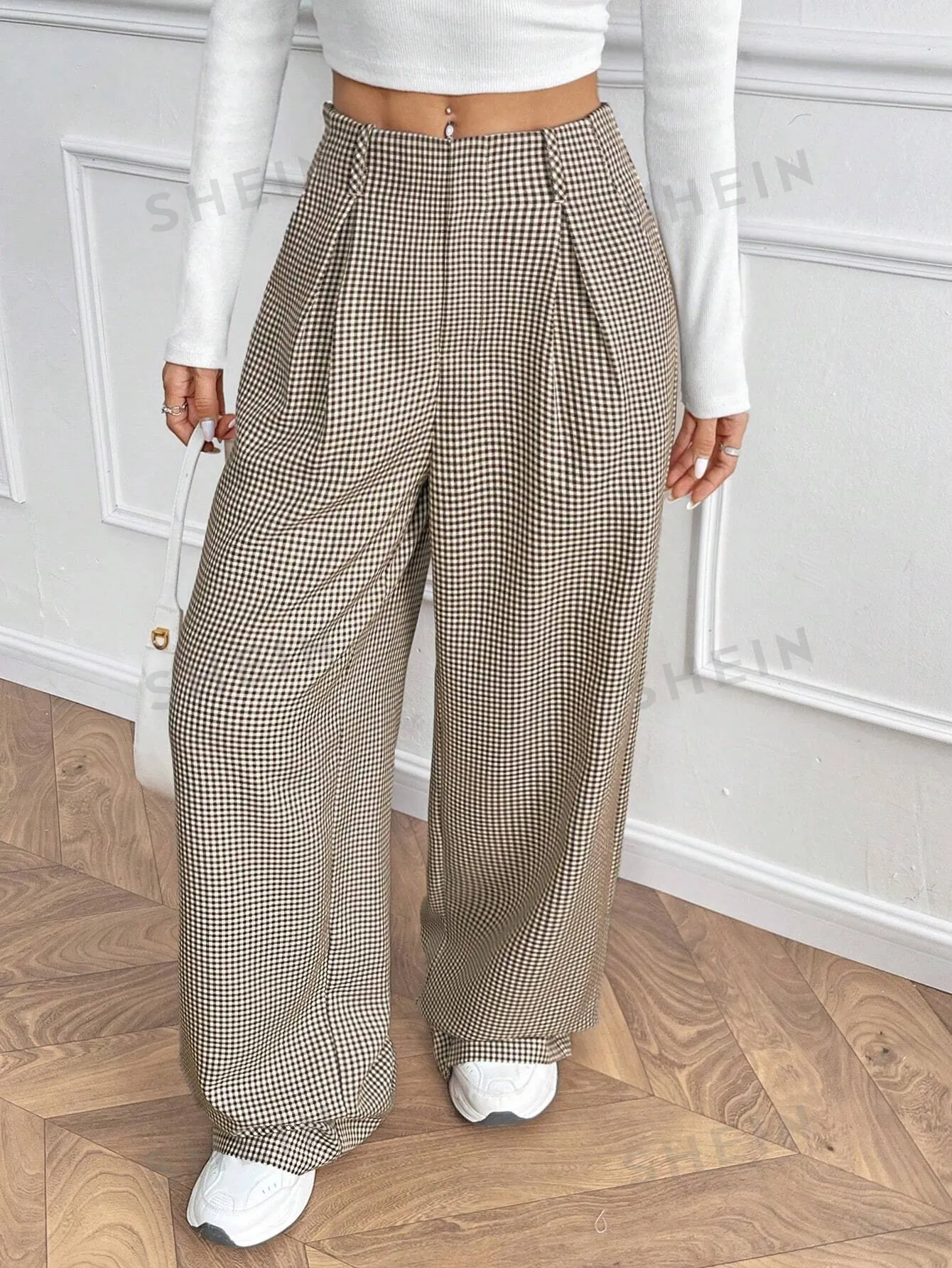 Essnce Casual Versatile H-Version Paperwaist Pocket Plaid Wide Leg Trousers