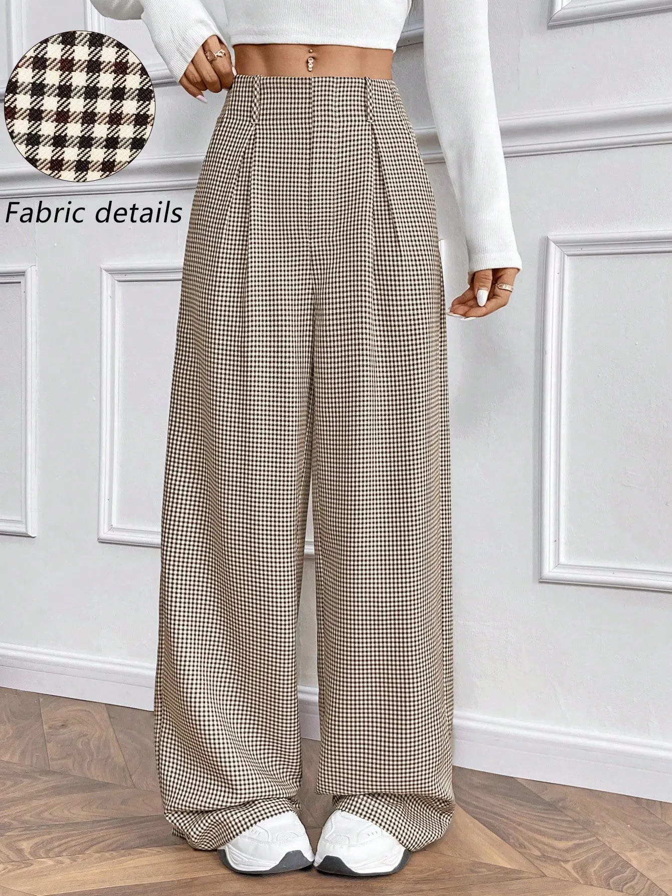 Essnce Casual Versatile H-Version Paperwaist Pocket Plaid Wide Leg Trousers