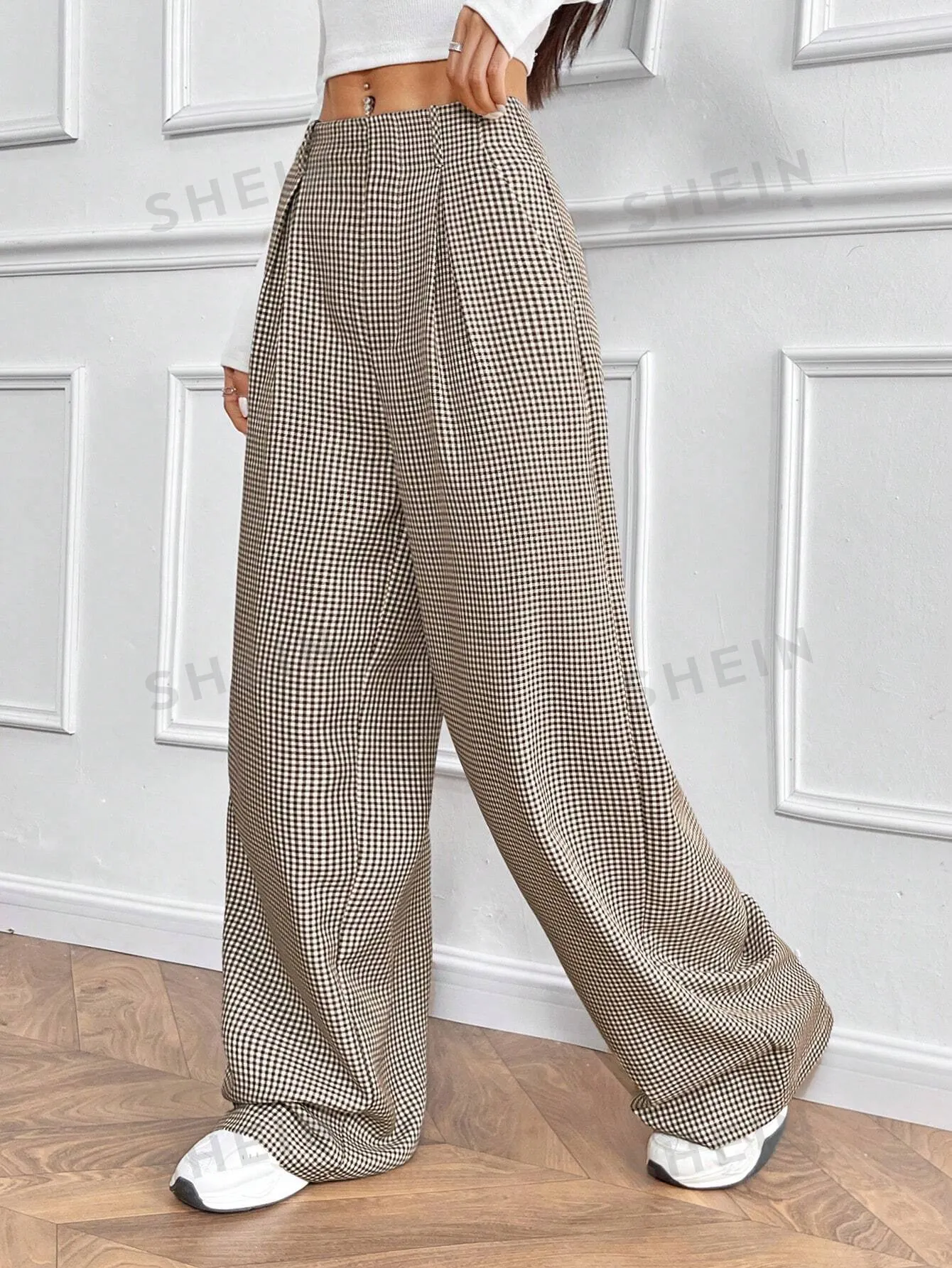 Essnce Casual Versatile H-Version Paperwaist Pocket Plaid Wide Leg Trousers