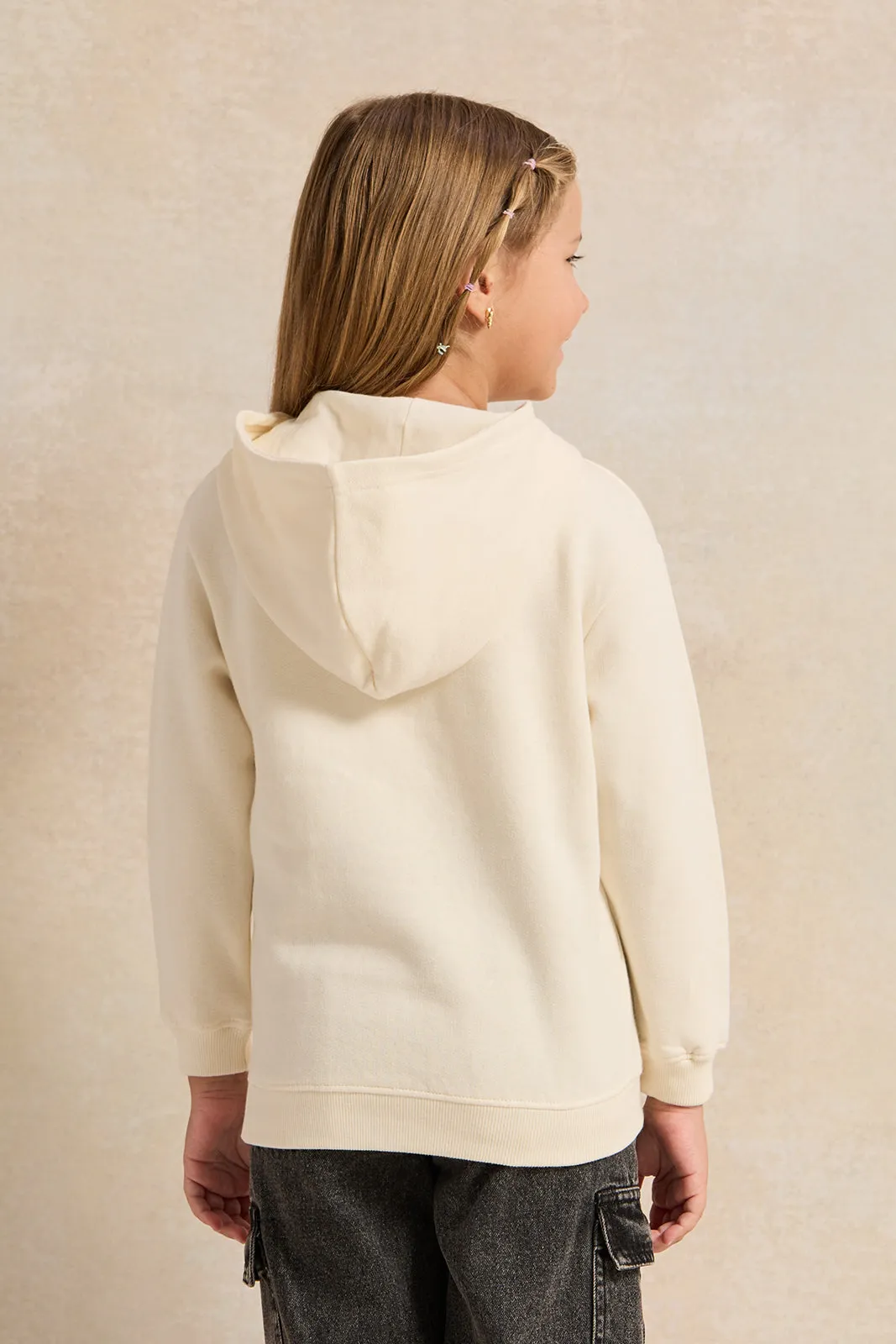 Girls White Embroidered Hooded Sweatshirt