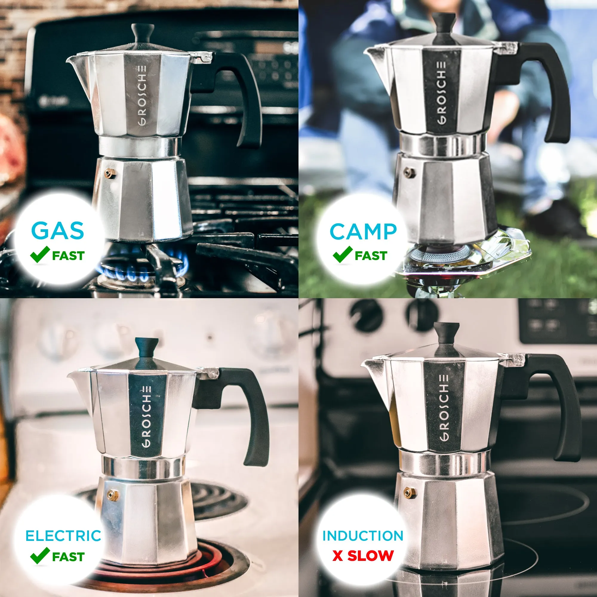 GROSCHE MILANO Stovetop Espresso Maker - Silver, Available in Multiple Sizes - Pack of 4