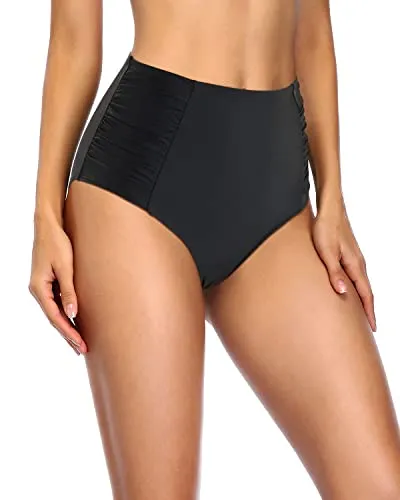 High Waisted Bikini Bottoms Tummy Control Swimsuit Bottoms-Black