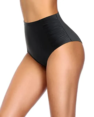 High Waisted Bikini Bottoms Tummy Control Swimsuit Bottoms-Black